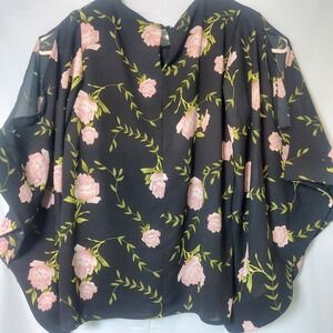 Black Floral Print Cold Shoulder Kimono Sleeve‎ Blouse Top Women's nwt A Stewart